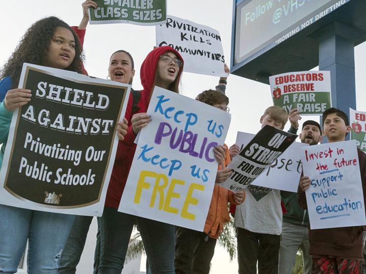 Students at Venice High School rally on the picket line with striking teachers