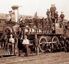 Government troops protect a train during the Pullman strike in 1894