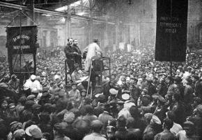 A mass meeting in the Putilov Works in Petrograd during the 1917 Russian Revolution