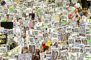 Throngs of antiwar protesters joined together in New York City on February 15, 2003