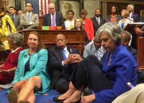 Democratic members of the House sit in to demand a vote on gun control