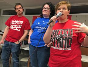 Left to right: West Virginia teachers Jay O'Neal, Emily Comer and Katie Endicott speak at a solidarity meeting in New York