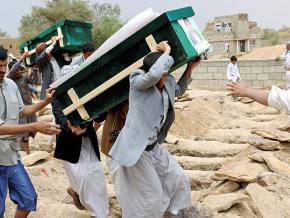 Funeral ceremony for some of the 40 children killed by a Saudi air strike in Yemen